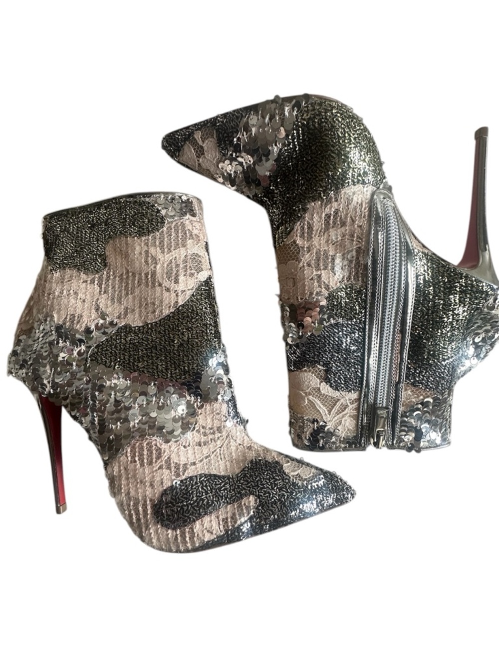 Christian Louboutin Sequined Lace Ankle Boot in Beige and Silver sz. 36 - Picture 6 of 11